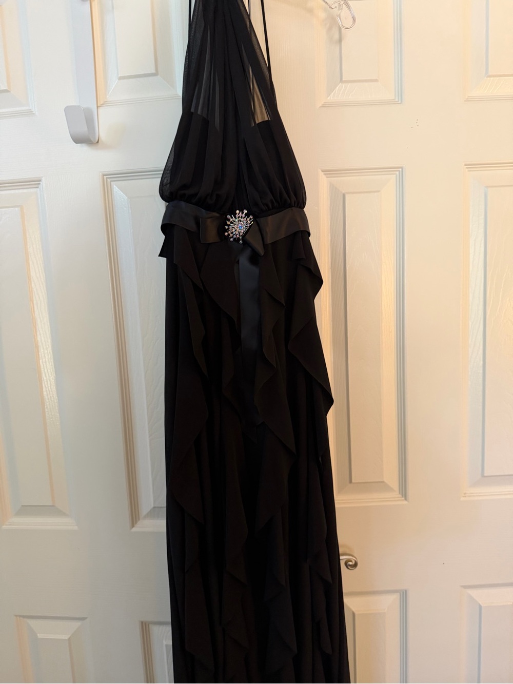 Betsy & Adam Black Ruffled Halter Maxi Dress with Jeweled Accent